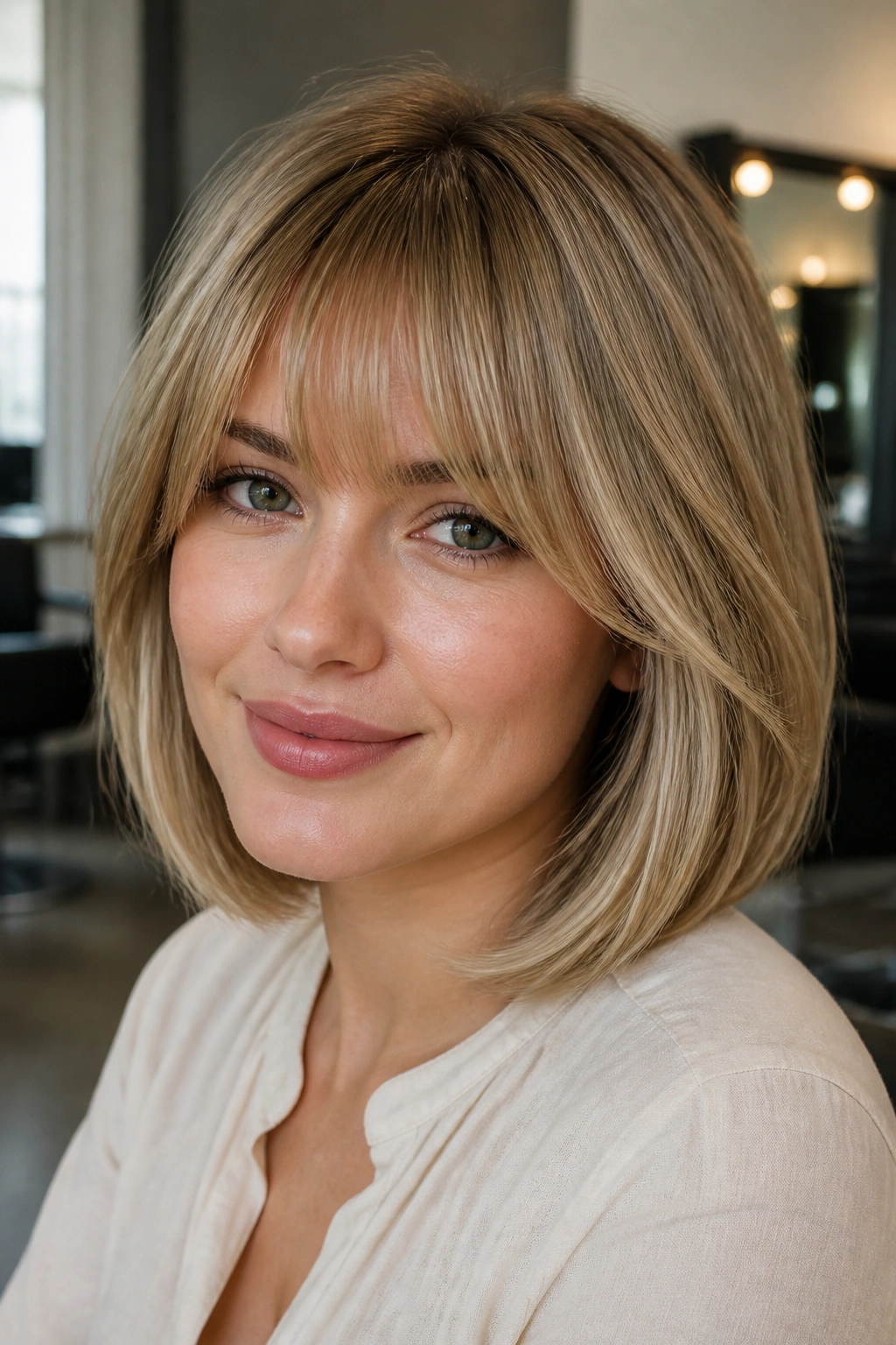 Real woman with lob hairstyle featuring a soft fringe and bevel in medium blonde.