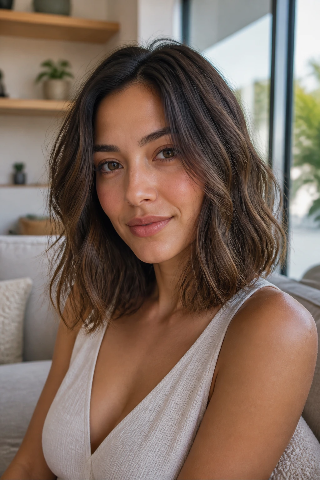 Close-up of a real woman with a grown-out lob and soft waves in natural light