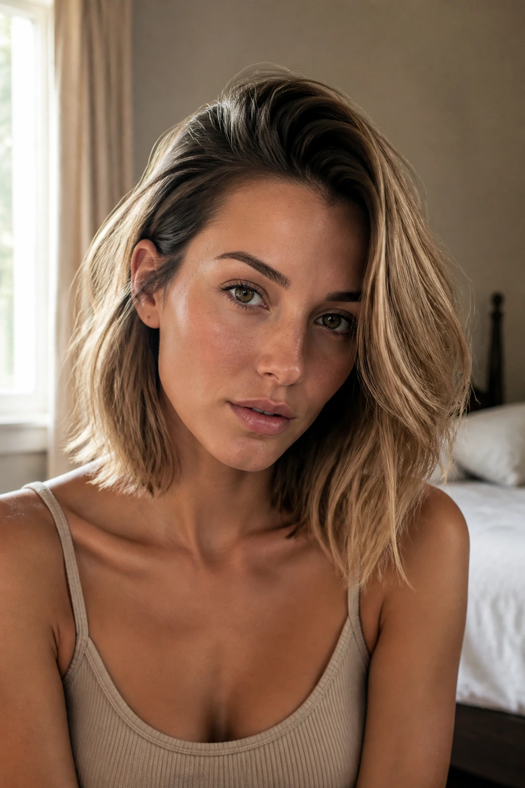 Close-up portrait of a real woman with a deep side-part lob in warm window light