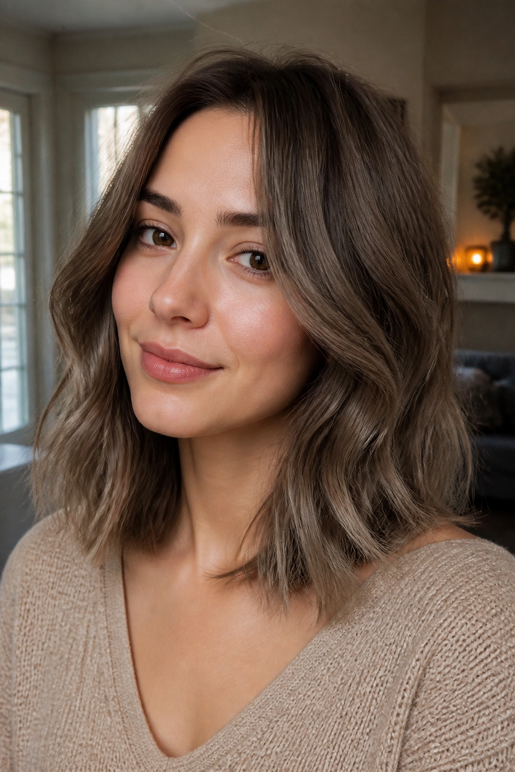 Close-up portrait of a real woman with a mushroom brown lob and tapered ends in soft window light.
