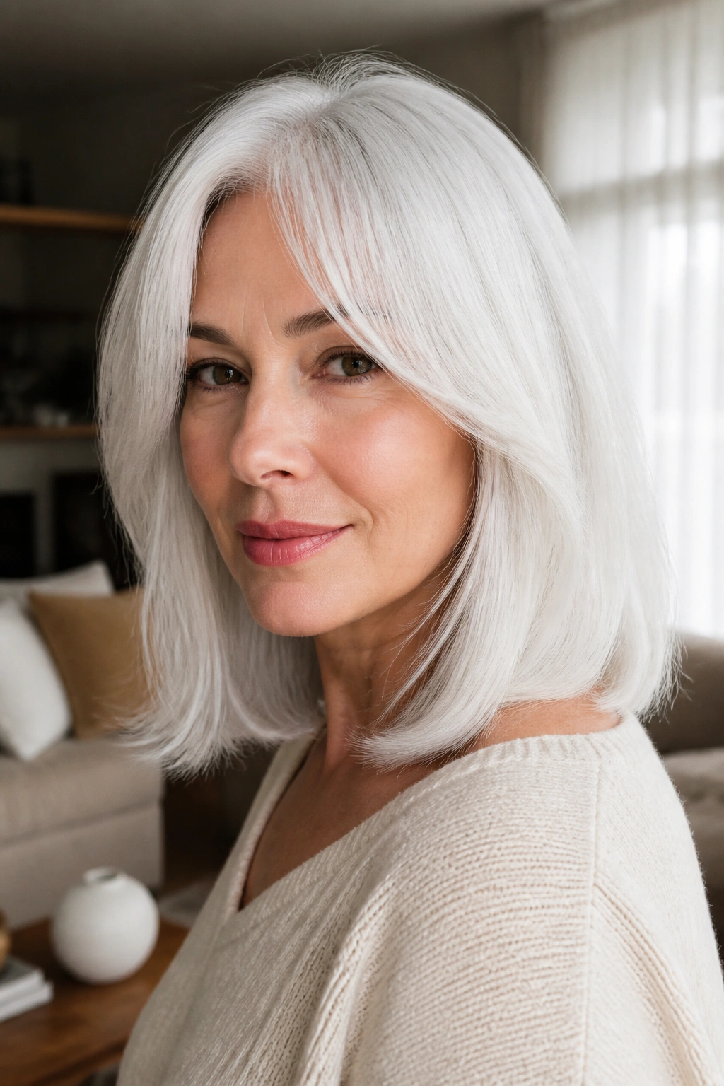 Close-up of a real woman with a pearly white lob and curtain bangs in soft daylight.