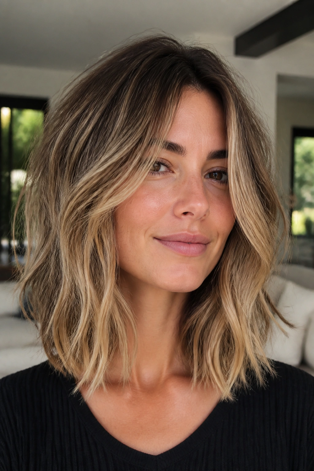 Close-up portrait of a woman with a choppy shoulder-length lob showing movement.
