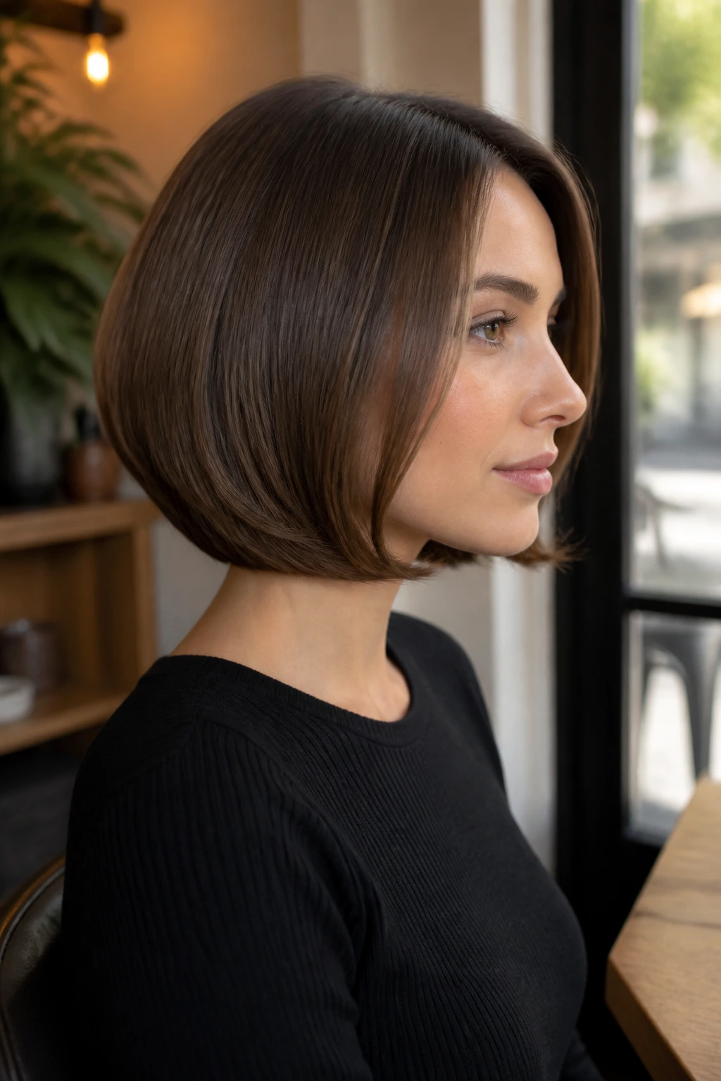 Side-profile portrait of a real woman with a tucked-under lob