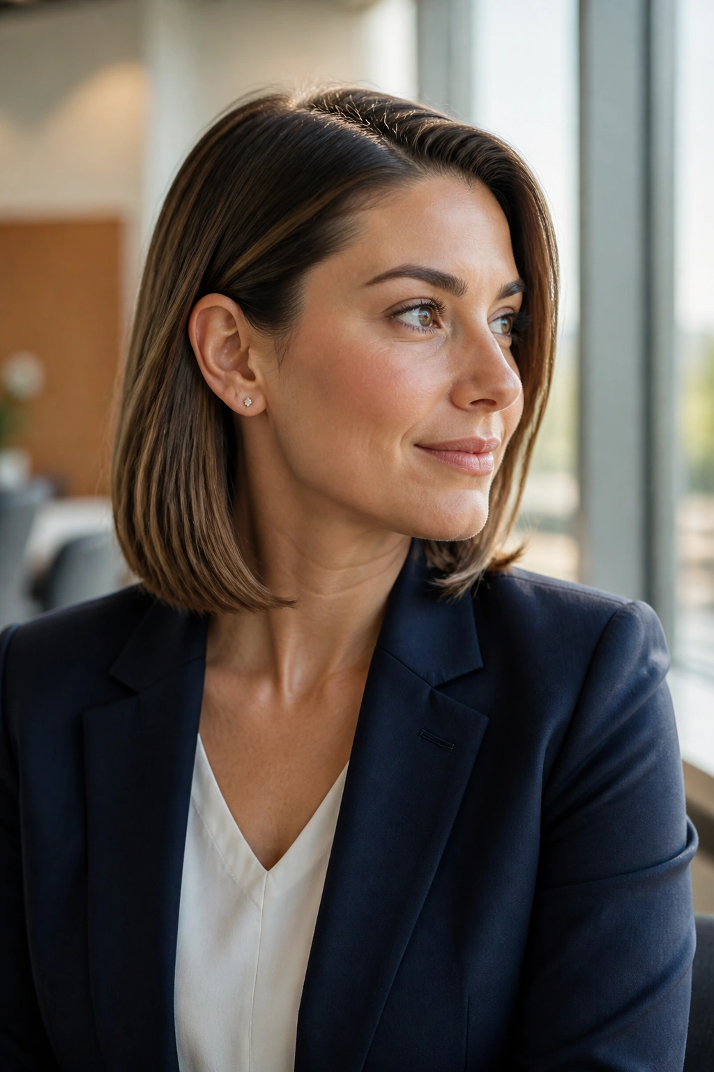 Medium close-up of a real woman's head showing a side-parted lob tucked behind the ear in an office setting