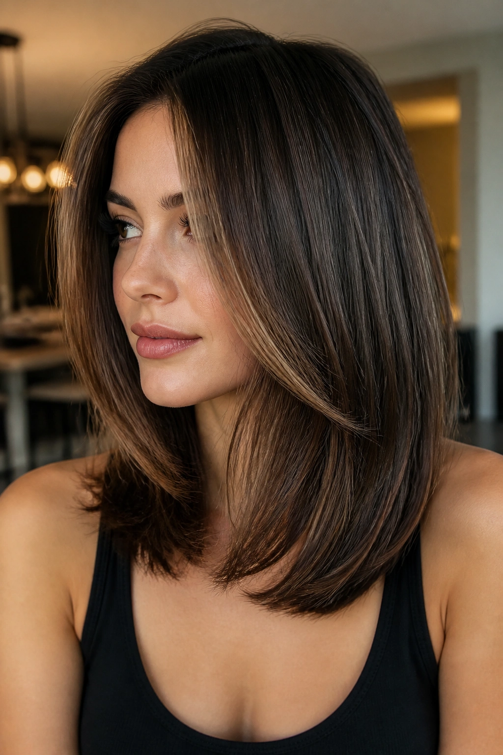 Real woman wearing a long lob with hidden internal layers.
