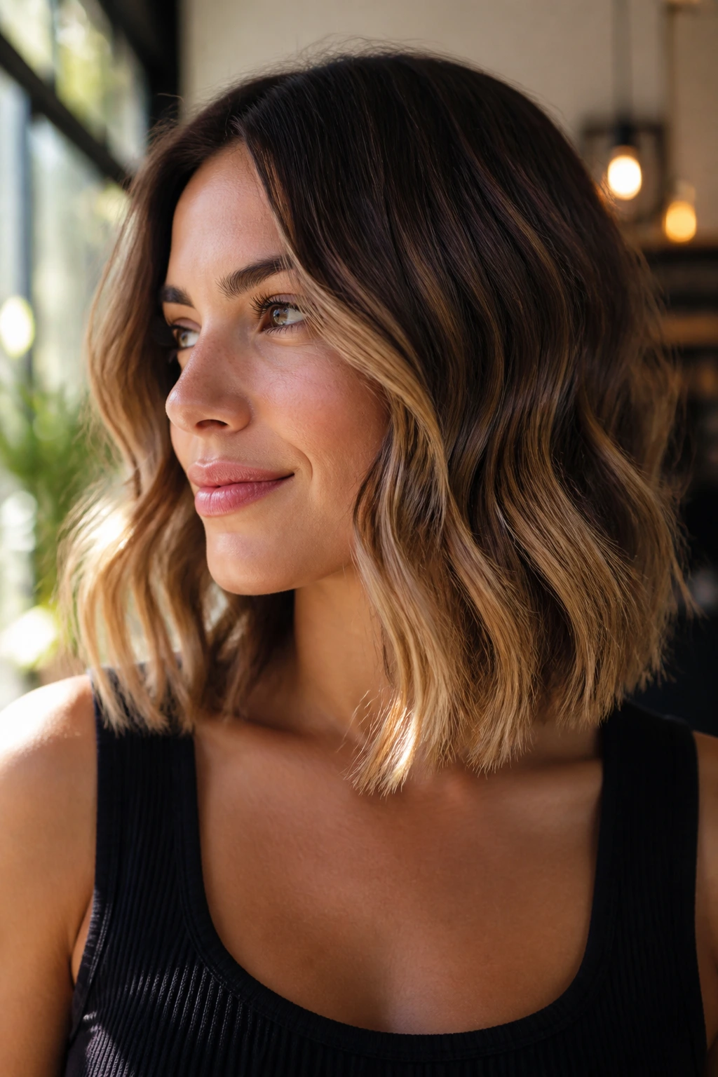 Close-up of a real woman with a one-length lob and dimensional balayage highlights in natural light