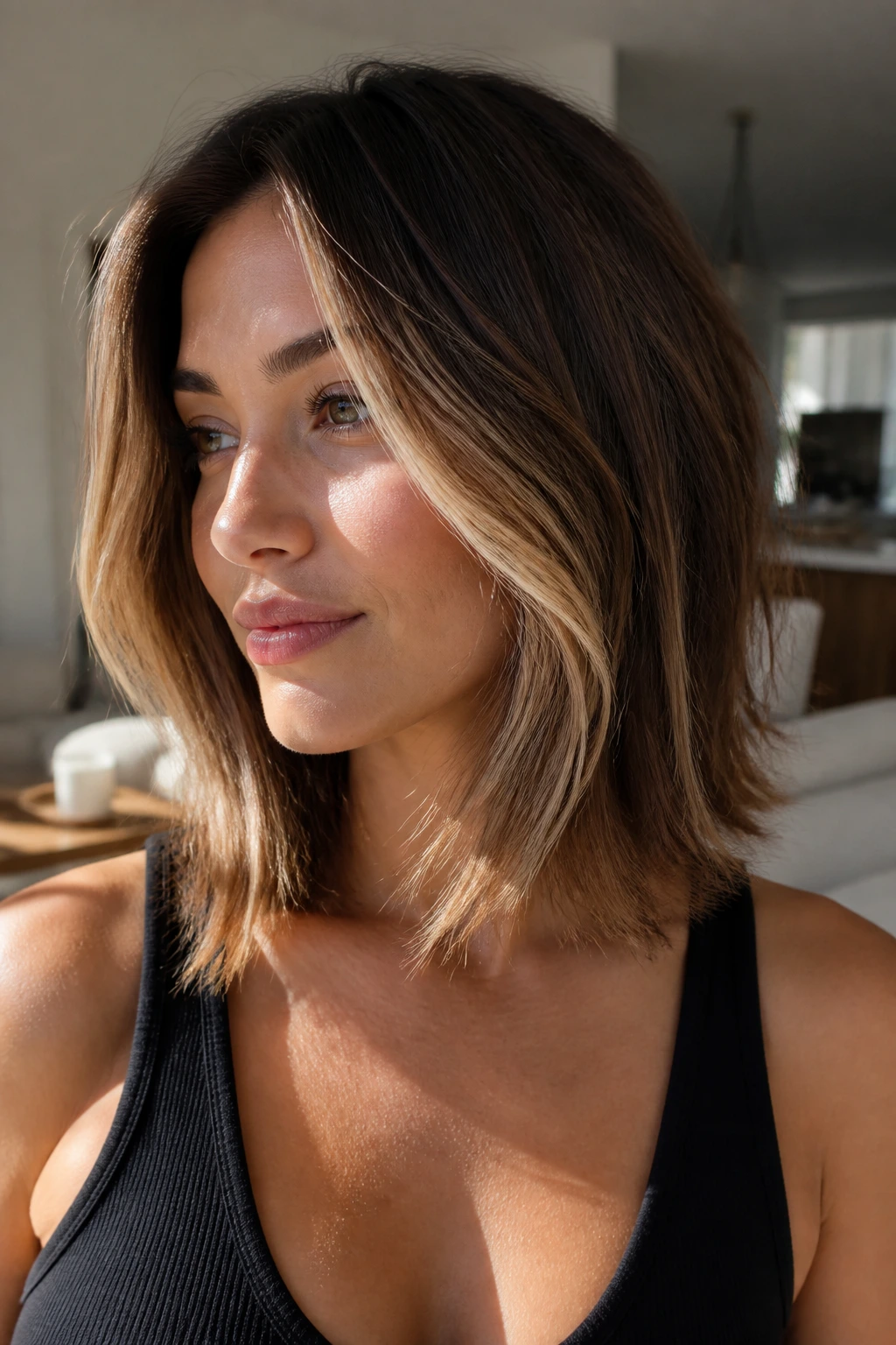 Close-up of a lob with face-framing highlights on brunette hair.