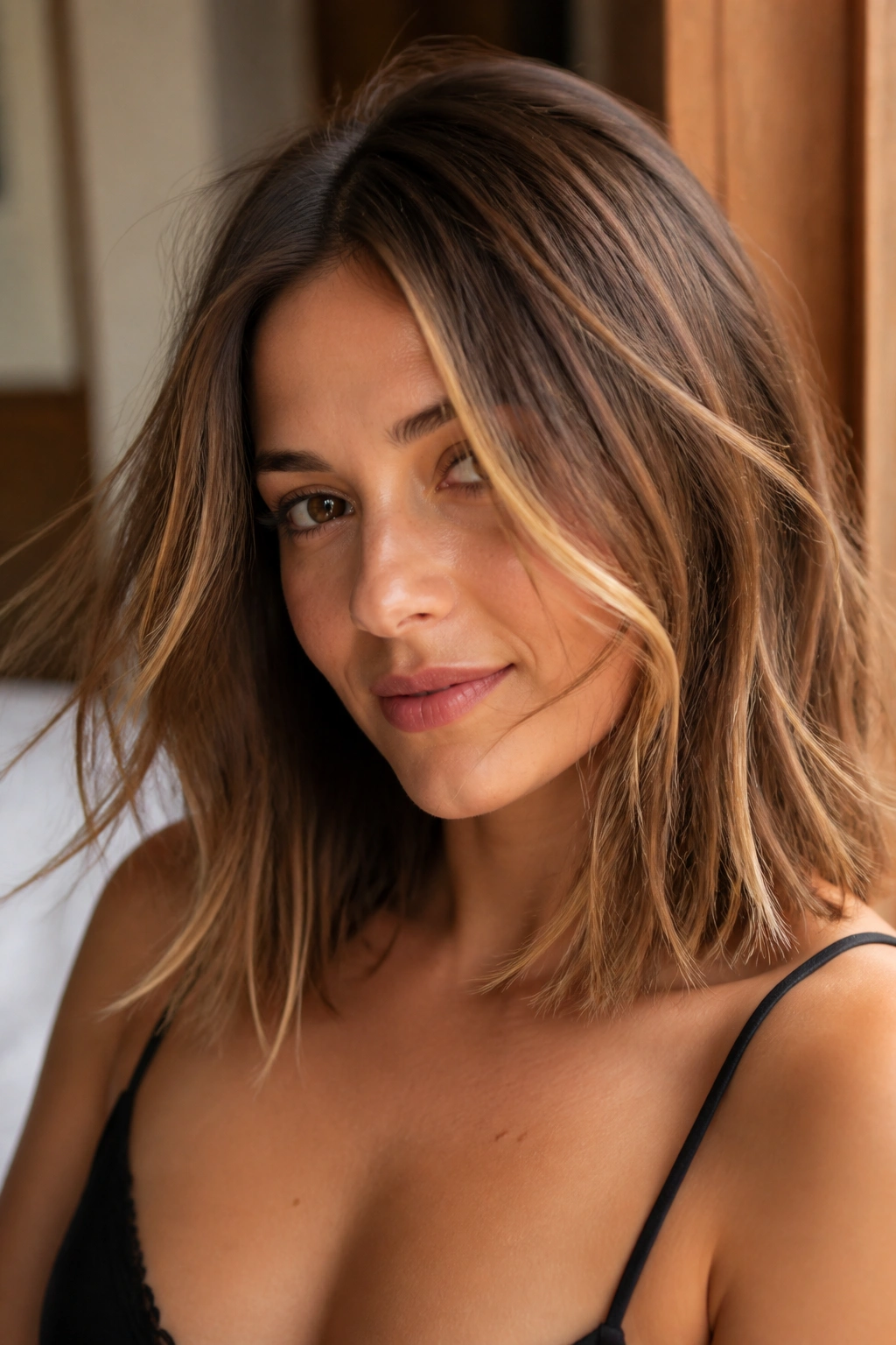 Close-up of a real woman with lob-length hair featuring scattered strawberry-blonde ribbons.