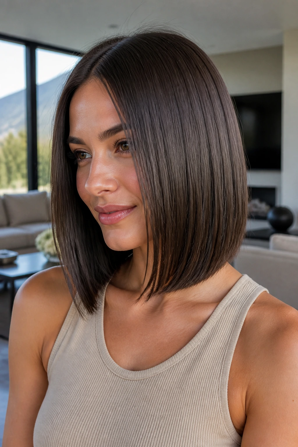 Real woman with a lob featuring invisible layers for a sleek silhouette.