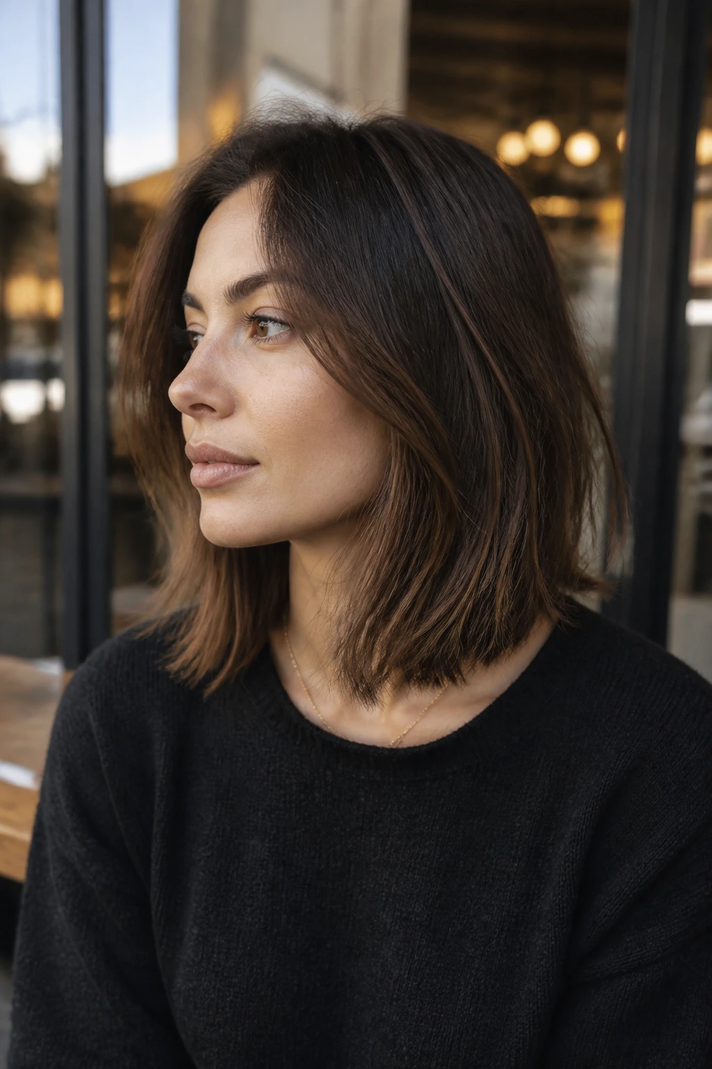 Close-up of a woman with a lob with invisible layers