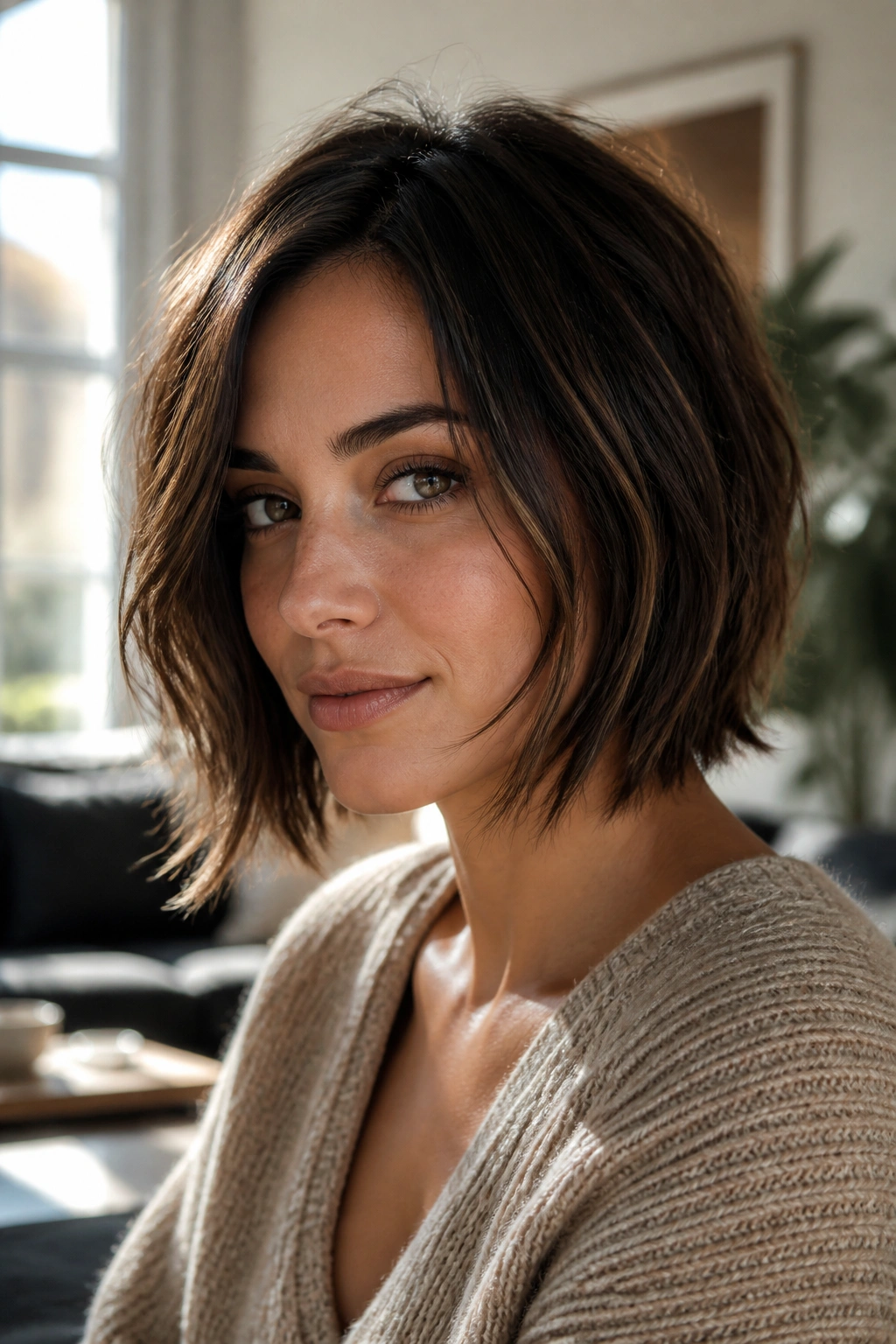 Portrait of a real woman with cheekbone layered textured lob.