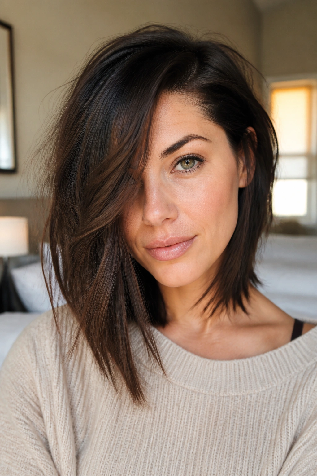 Close-up of a real woman with a tousled lob showing hidden internal layers in warm window light