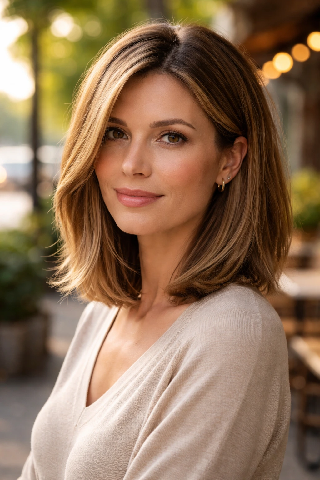 Close-up portrait of a real woman with a shoulder-length lob in sunlight