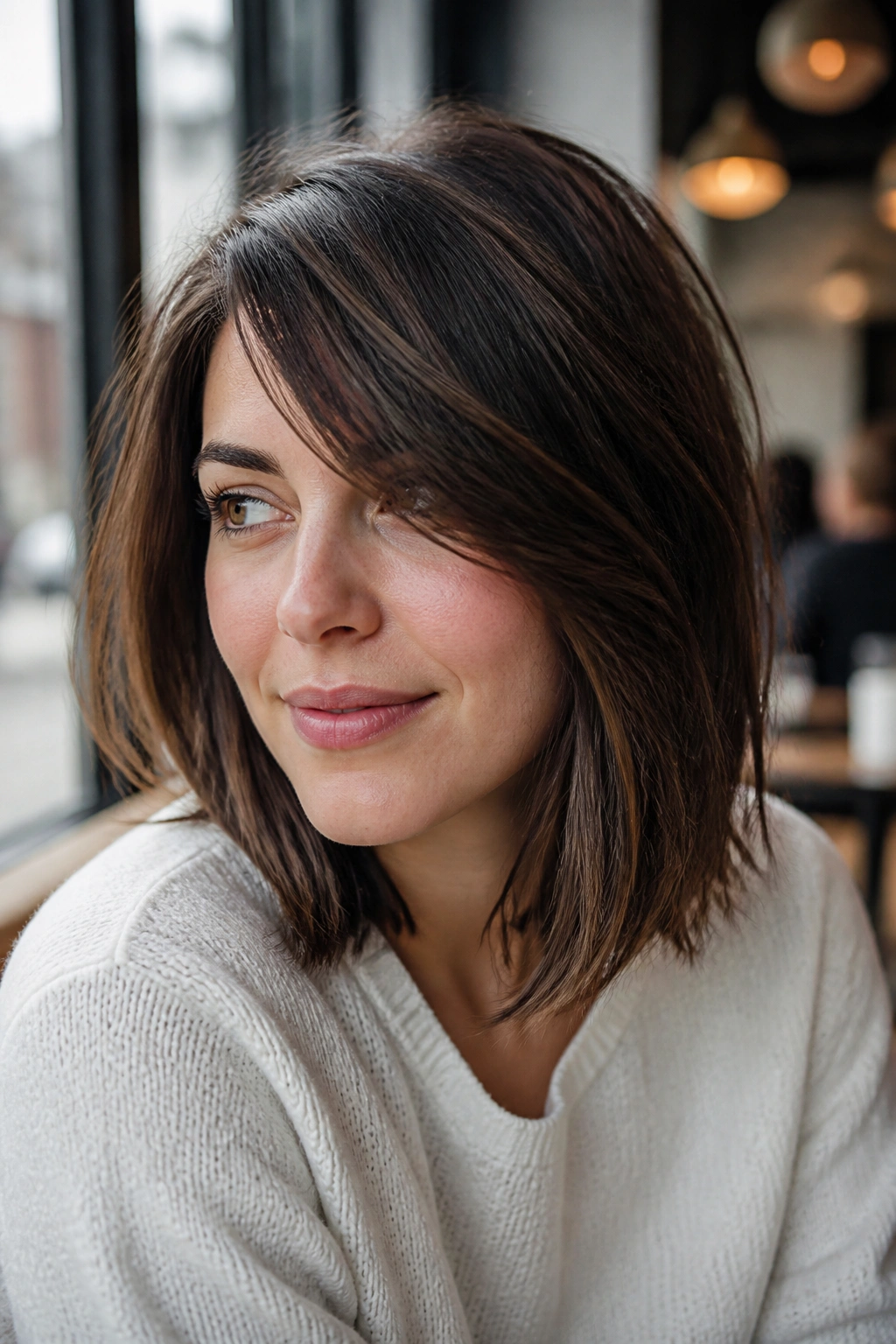 Real woman with long side bangs swept diagonally into a lob.