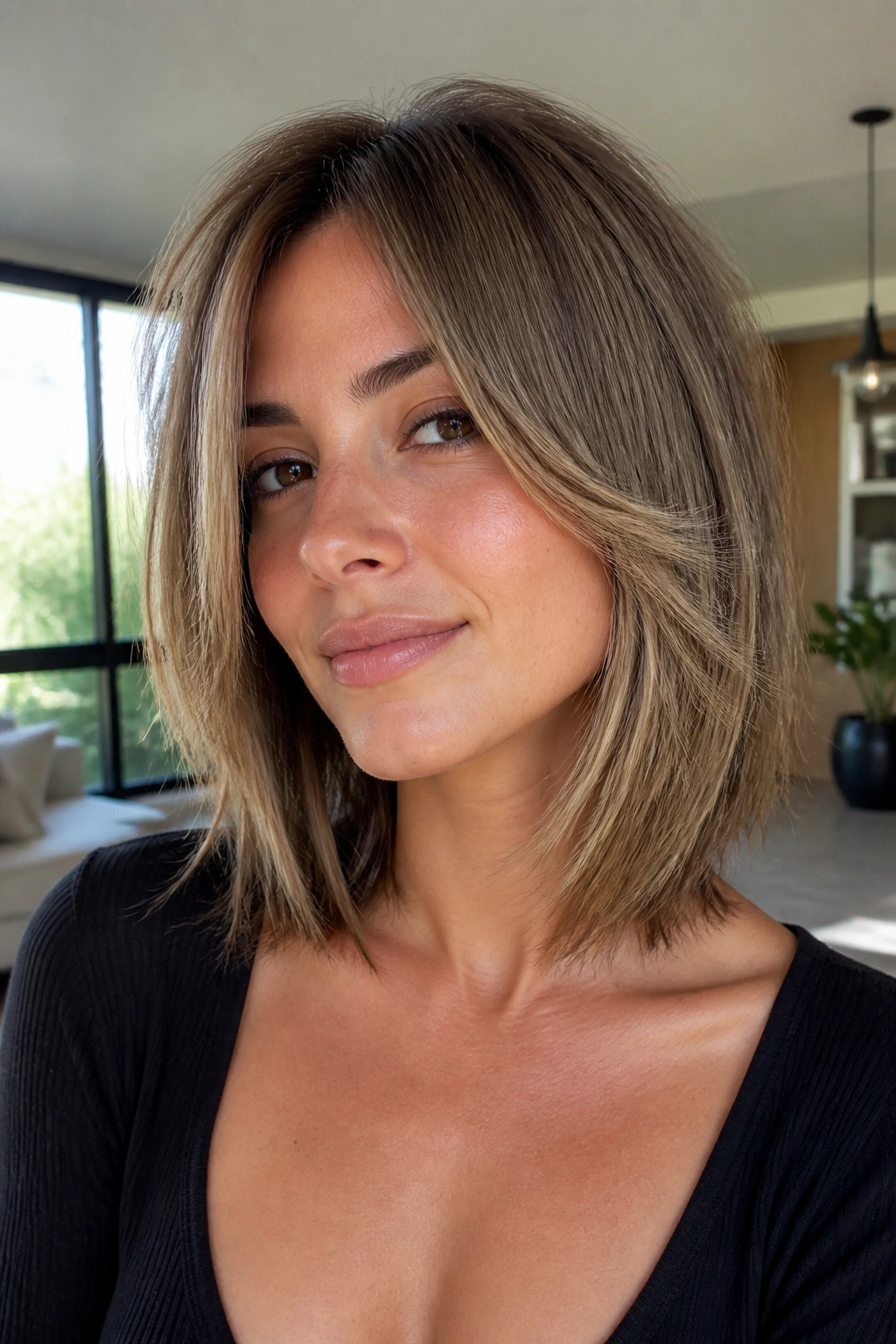 Close-up portrait of a real woman with a lob and razored face-framing layers indoors