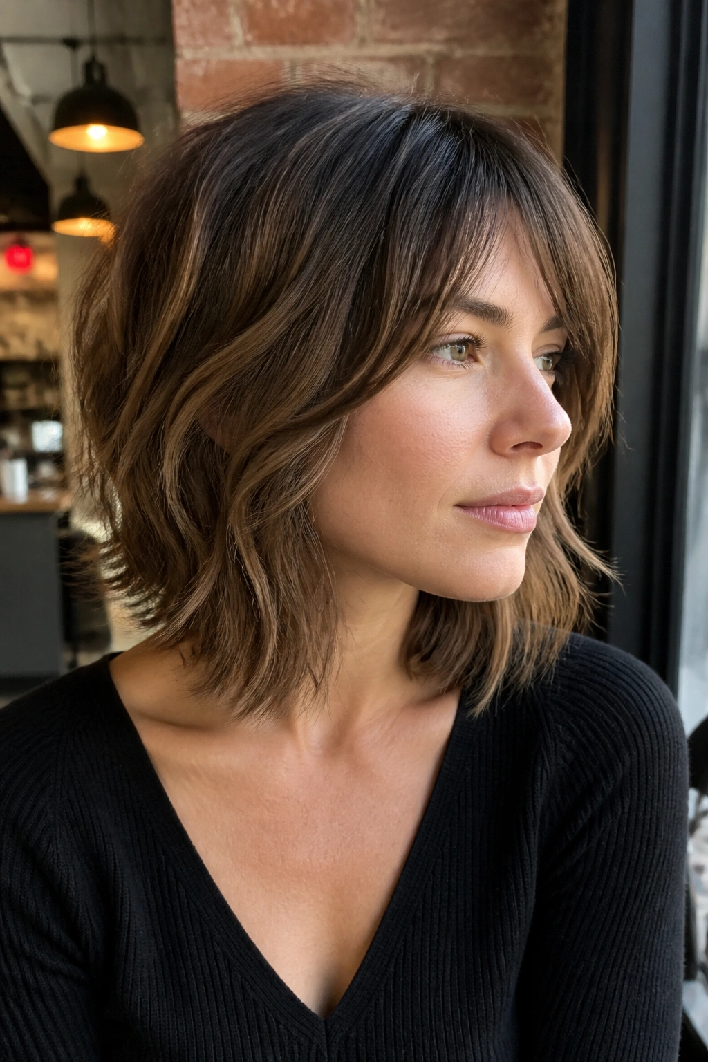 Portrait of a real woman with cheekbone-layer lob shag