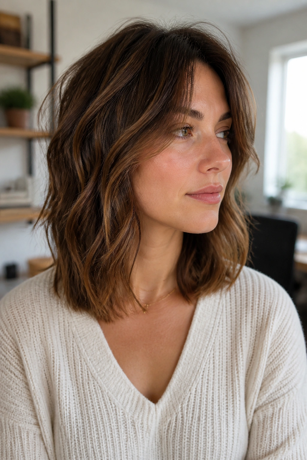 Portrait of a real woman with lob shag and hidden internal layers