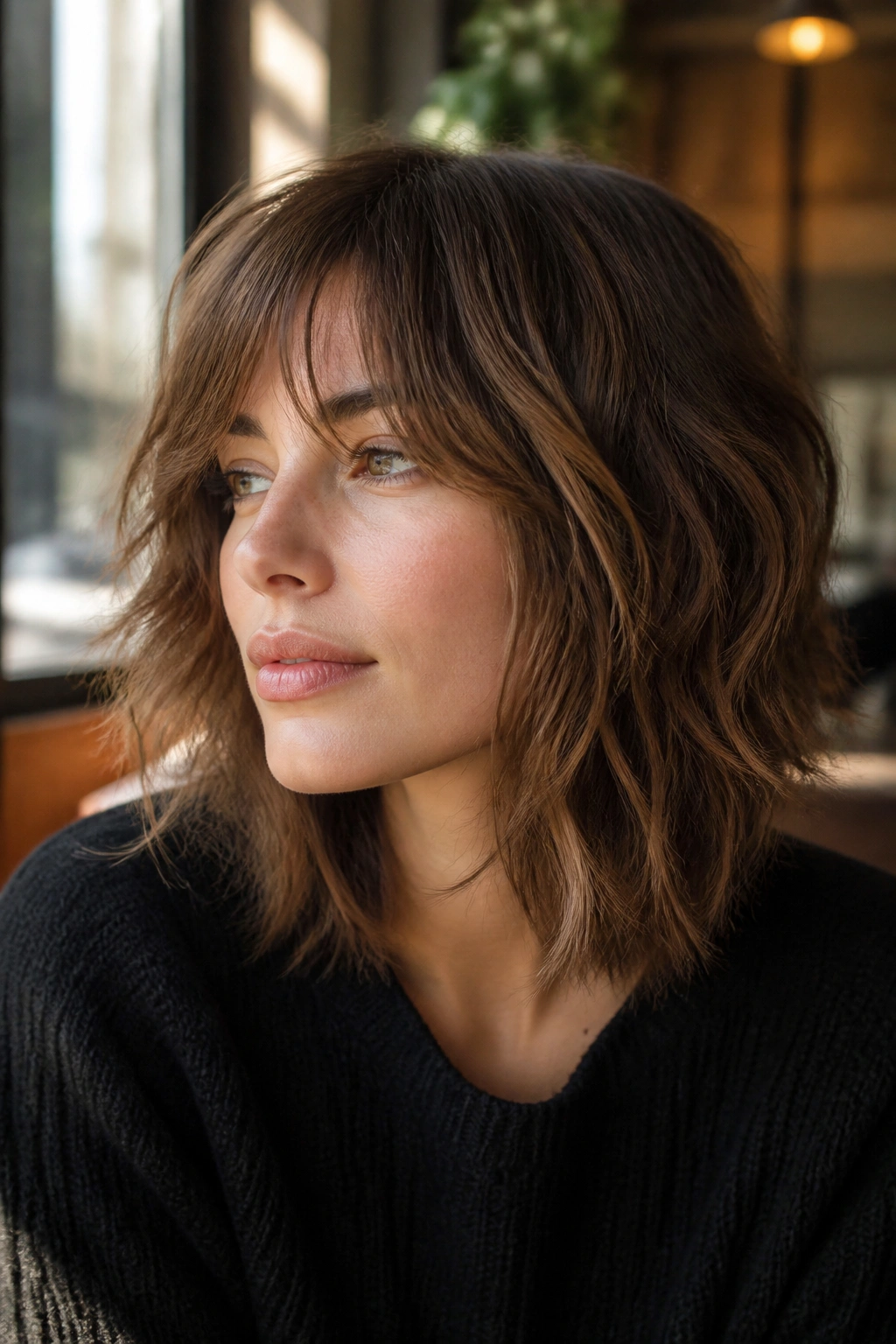 Close-up portrait of a woman with a textured lob shag in warm cafe light