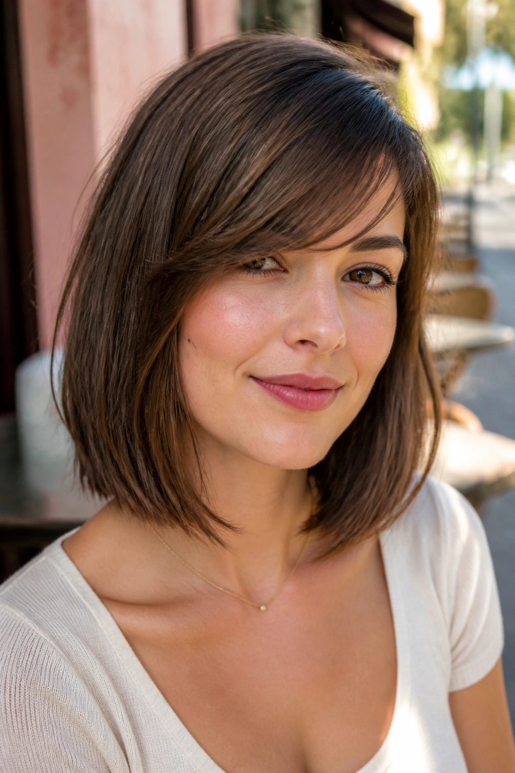 Close-up of a real woman with a lob and diagonal side bangs brushing the cheekbone