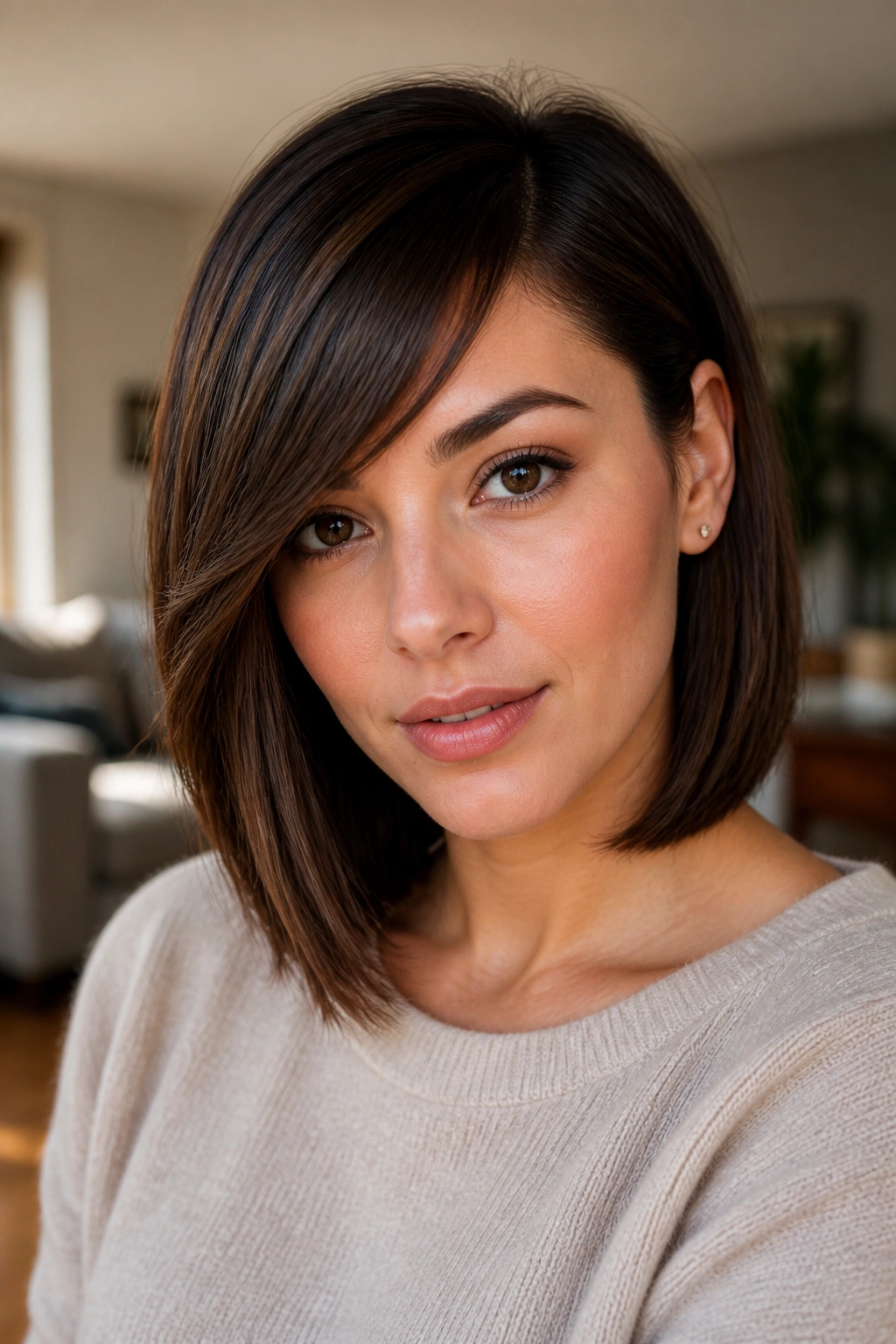 Close-up portrait of a real woman with a long bob and tucked-end side swept bangs in warm home light