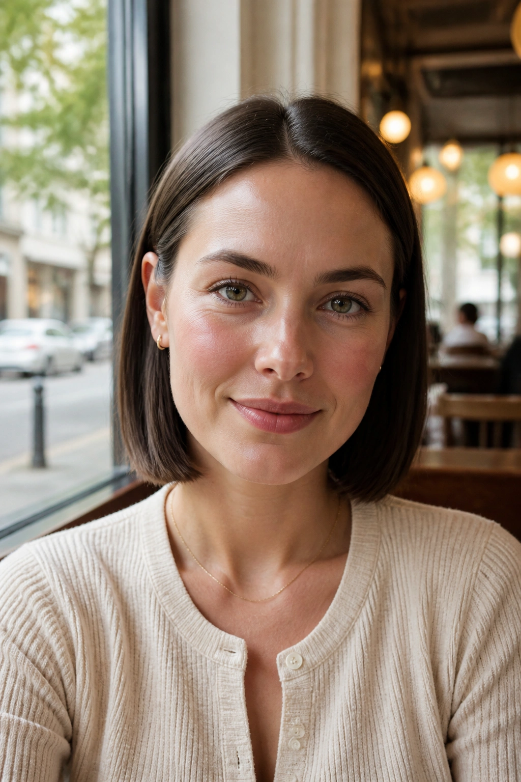 Close-up portrait of a real woman with a minimal one-length lob tucked behind the ears
