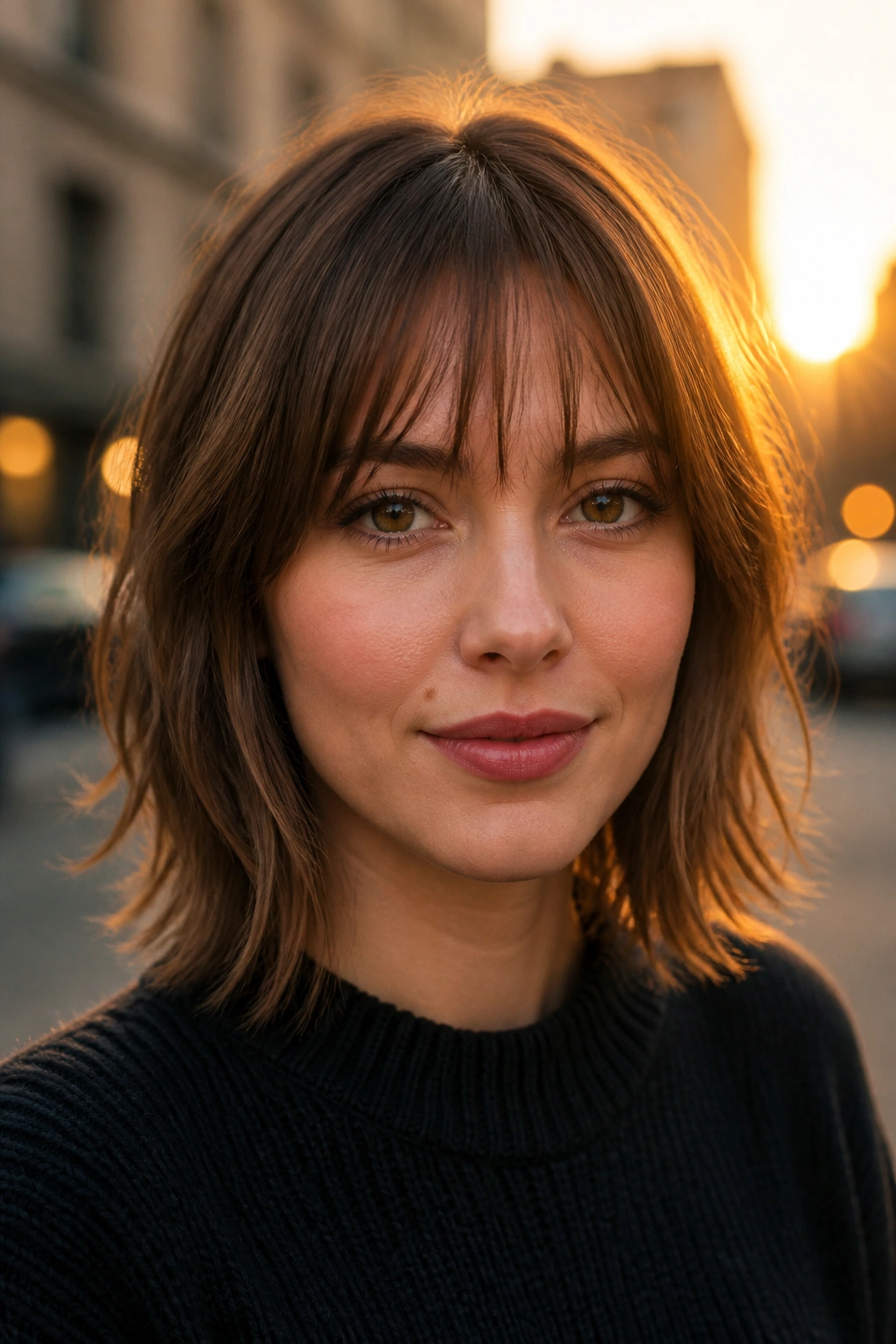 Real person with a long bob and wispy fringe outdoors in warm light.