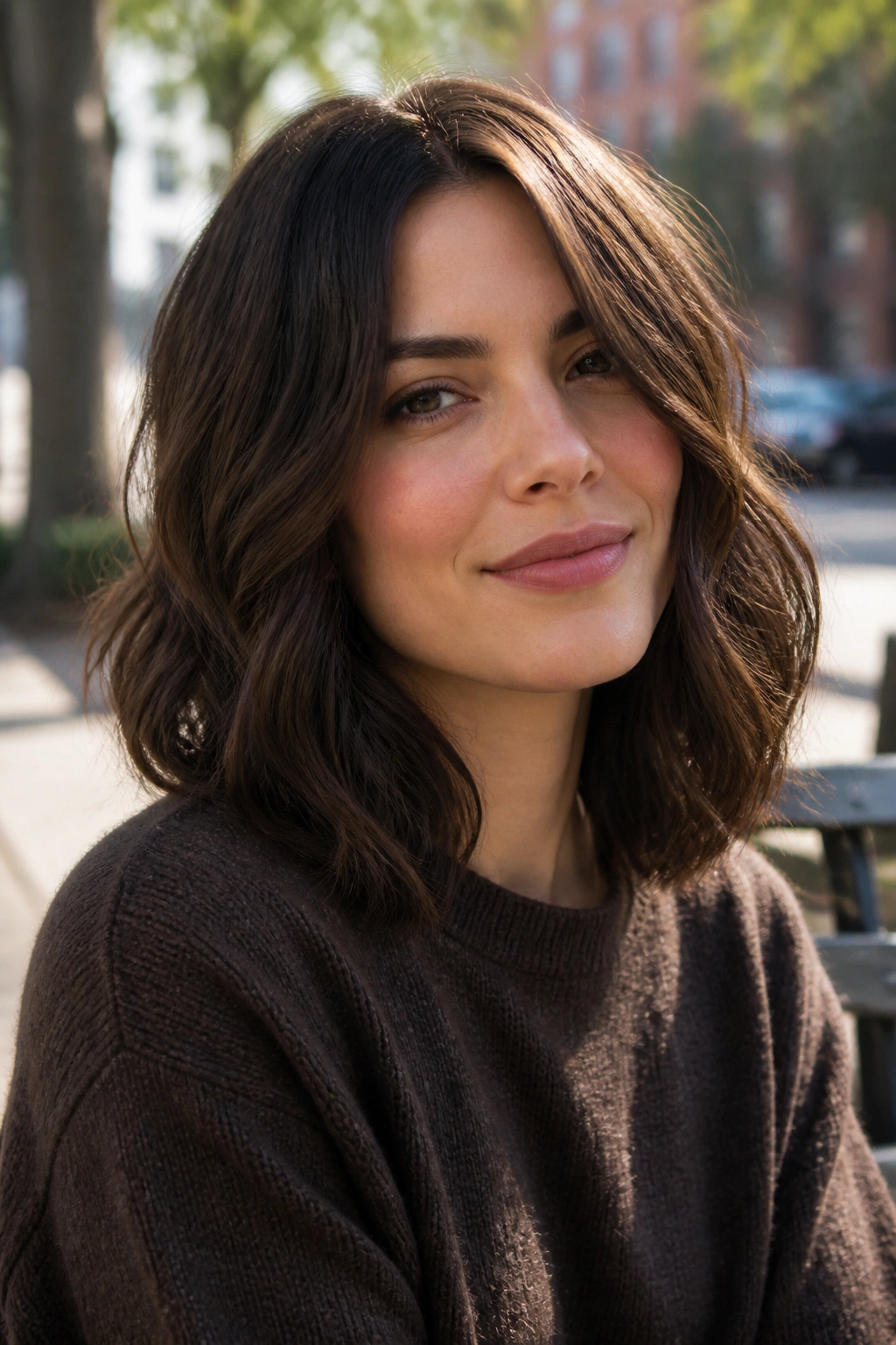 Close-up of a real woman with mocha brown wavy lob and invisible layers