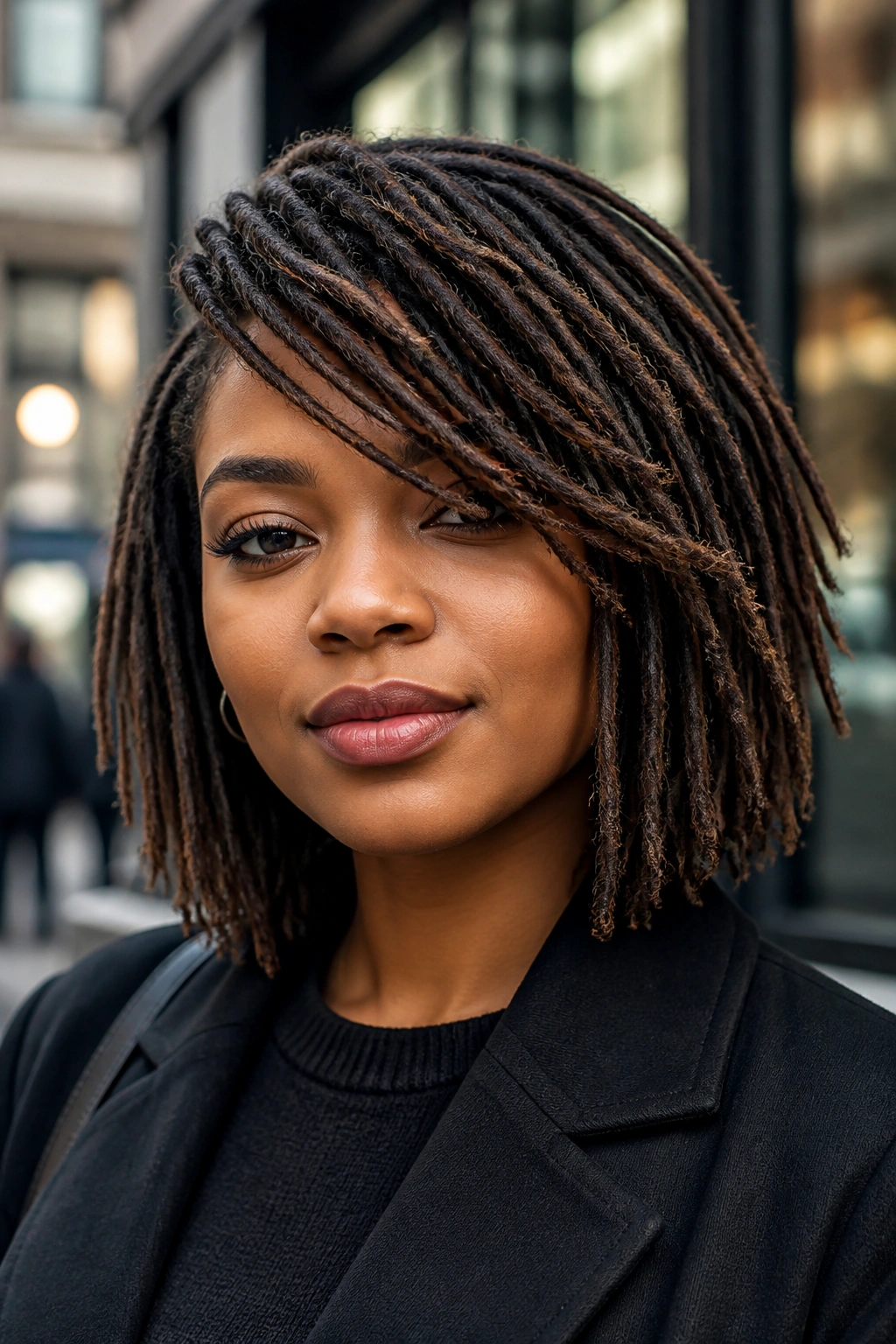 Real woman with loc bob and swept fringe outdoors