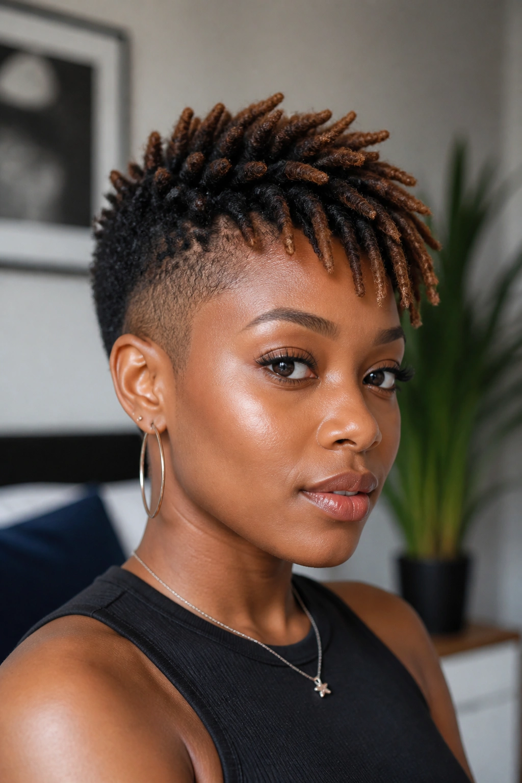 Portrait of a person with a short loc mohawk.