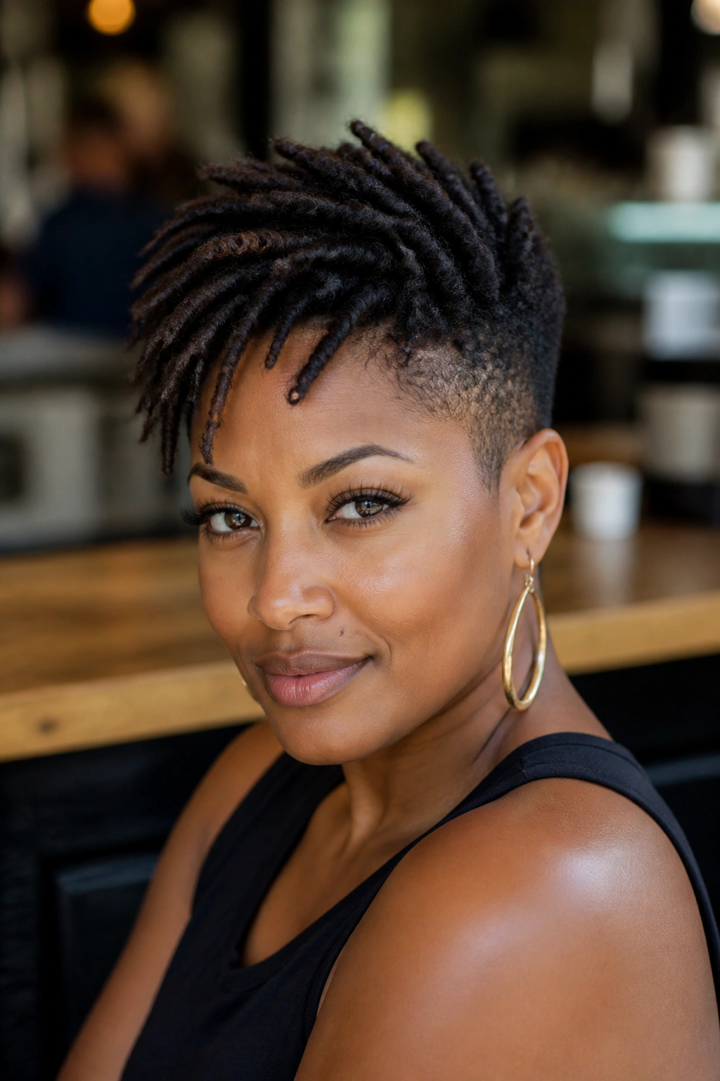 Portrait of a woman with a tapered loc pixie haircut.