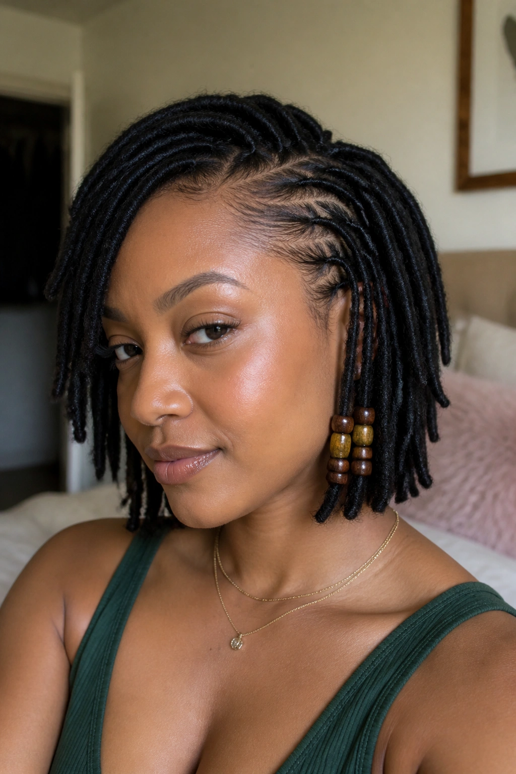 Close-up of a real person with a side-part loc bob and bead accents on the lower half of loc strands