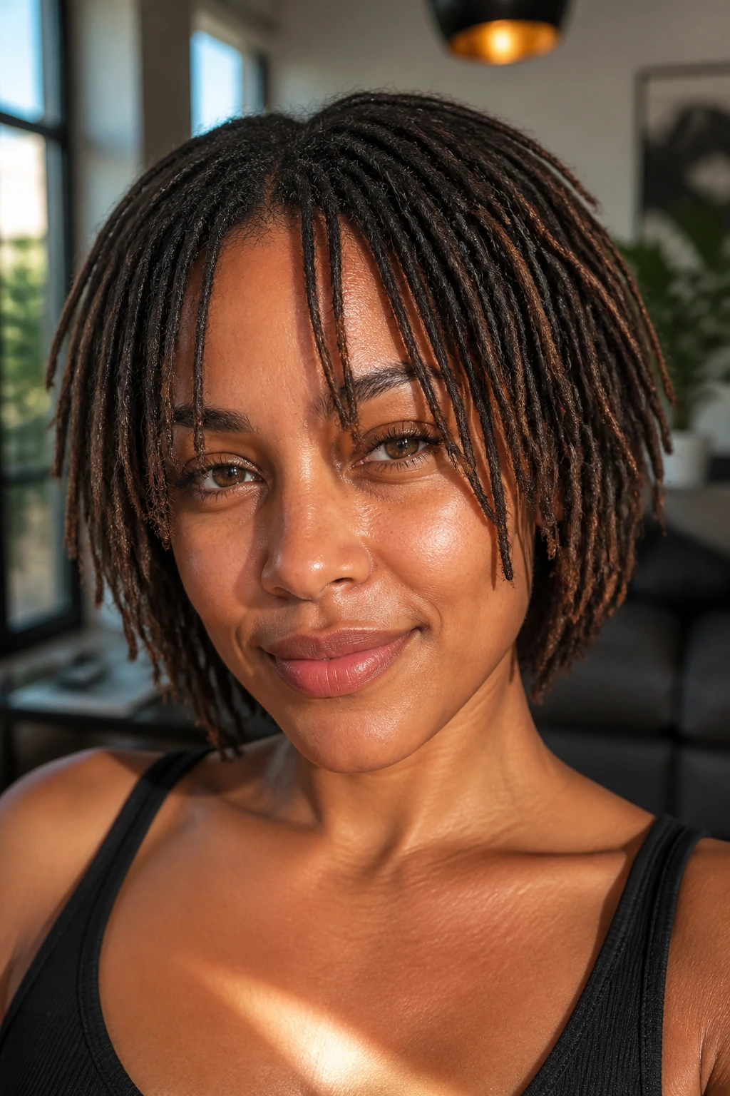 Close-up portrait of a real woman with rounded short loc bob and wispy front pieces in warm window light