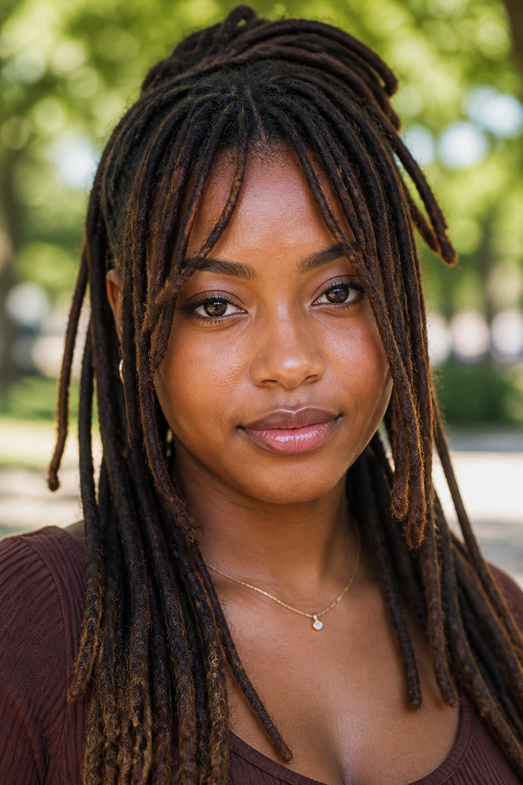 Close-up of a person with face-framing locs