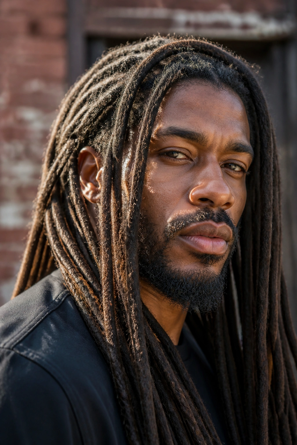 Close-up portrait of a man with locs hairstyle in an urban outdoor setting