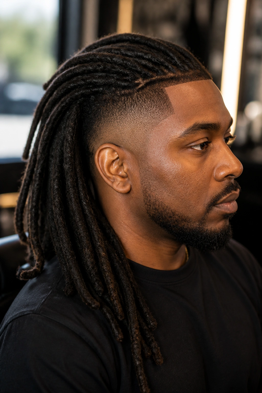 Portrait of a real person with locs and a smooth low side fade