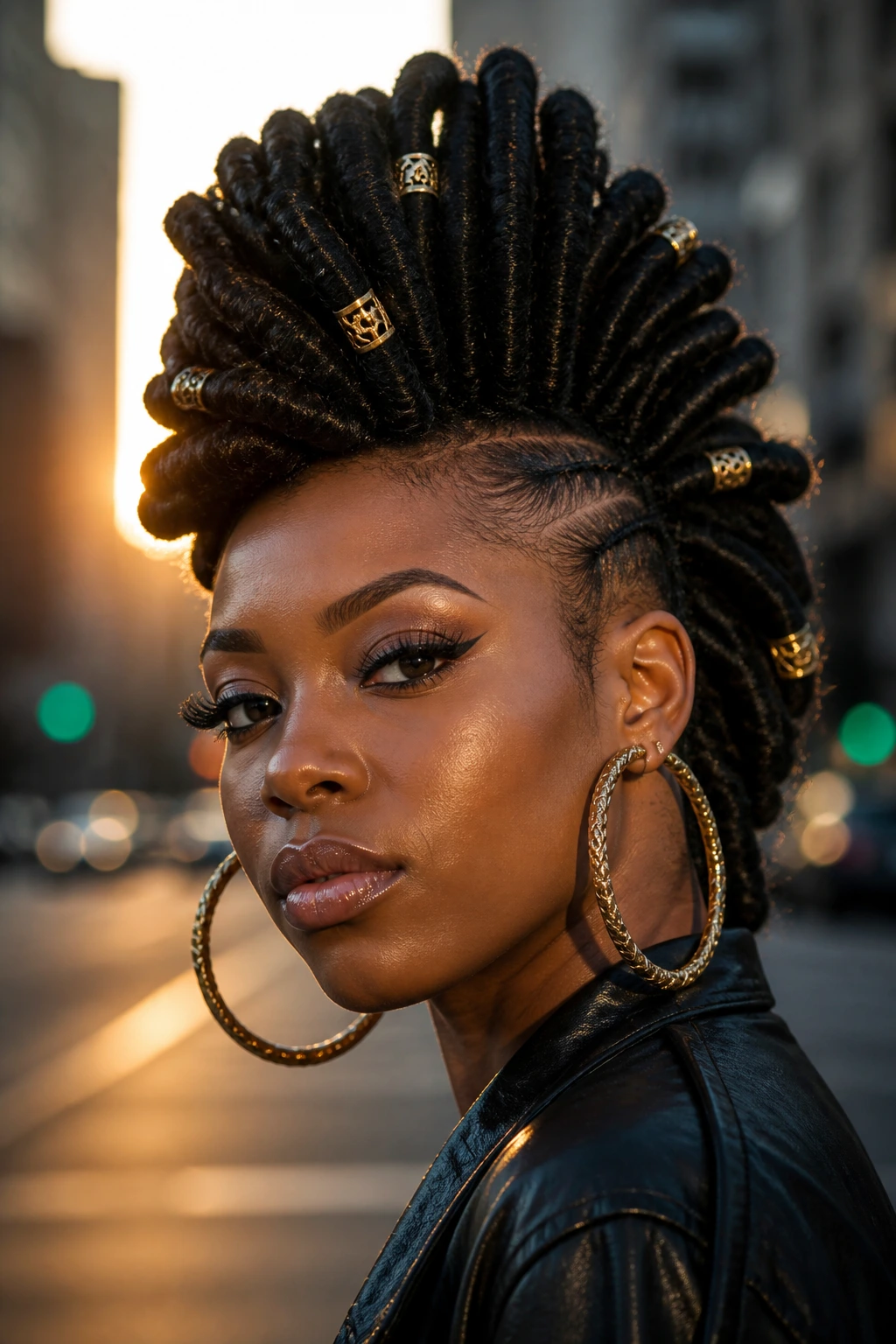 Close-up of a woman with locs mohawk and gold cuffs on the street.