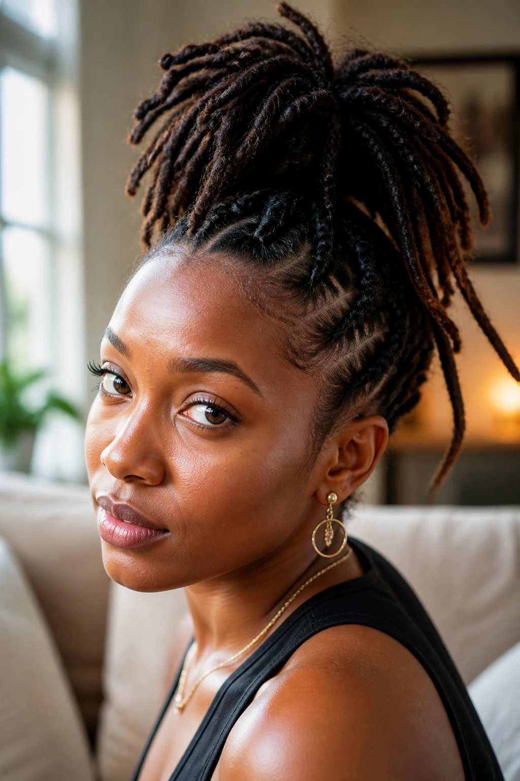Close-up portrait of a real person with a Mohawk made of locs; sides pinned to center, center locs in a high ponytail.