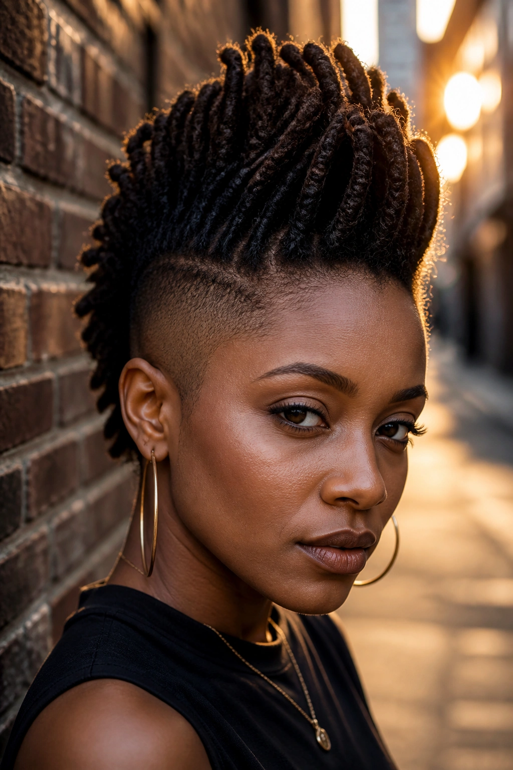 Close-up of a real woman with loc Mohawk high ridge in urban light
