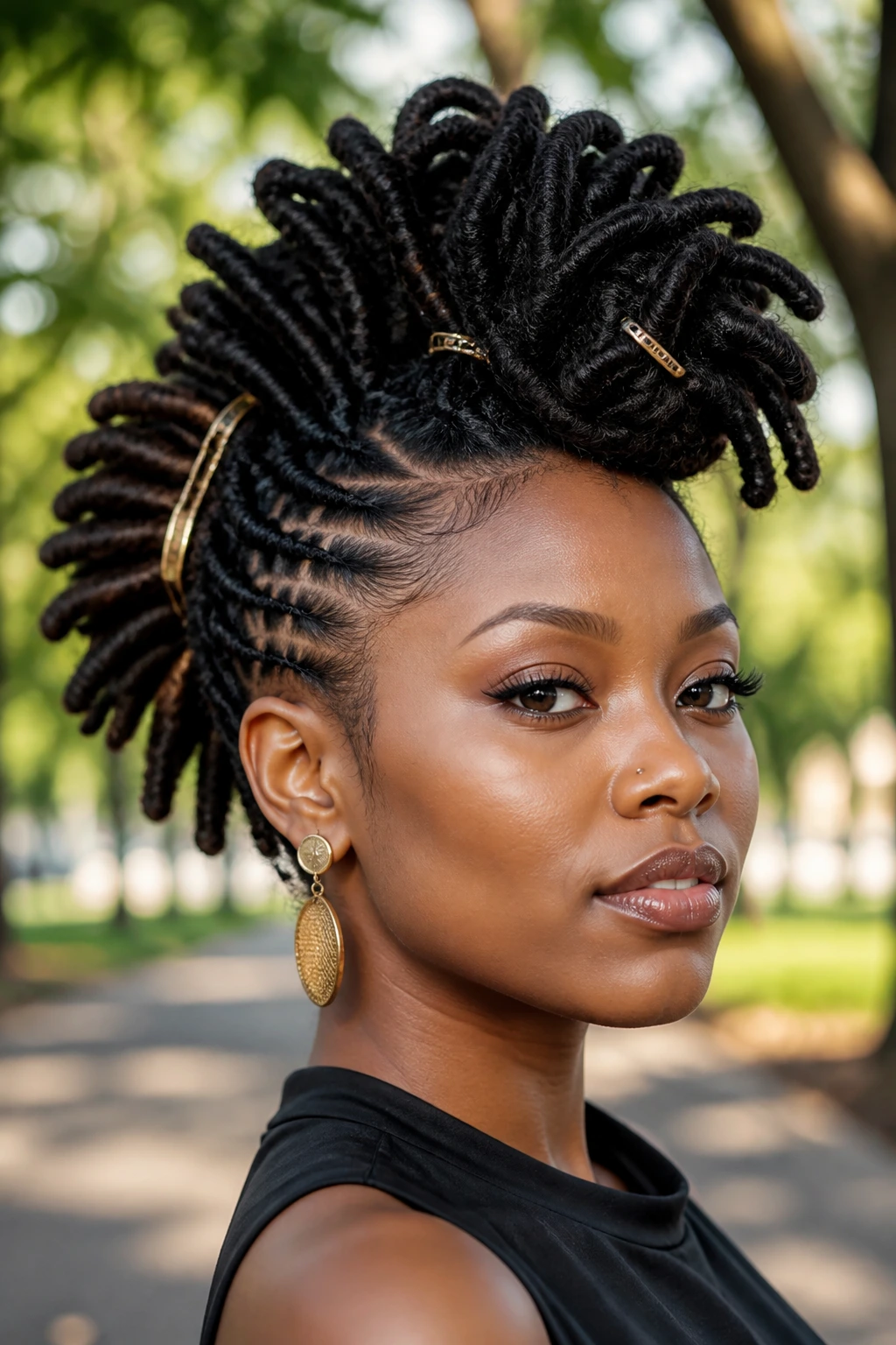 Close-up of a Black woman with locs styled into a mohawk outdoors in a park