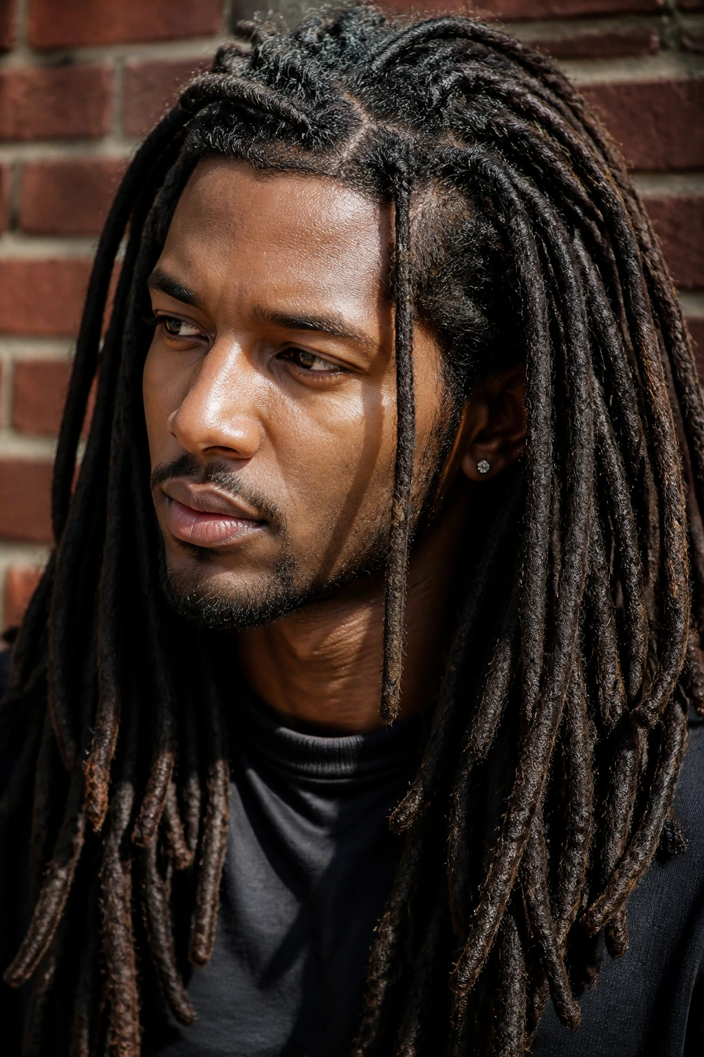 Close-up portrait of a person with mature locs hair