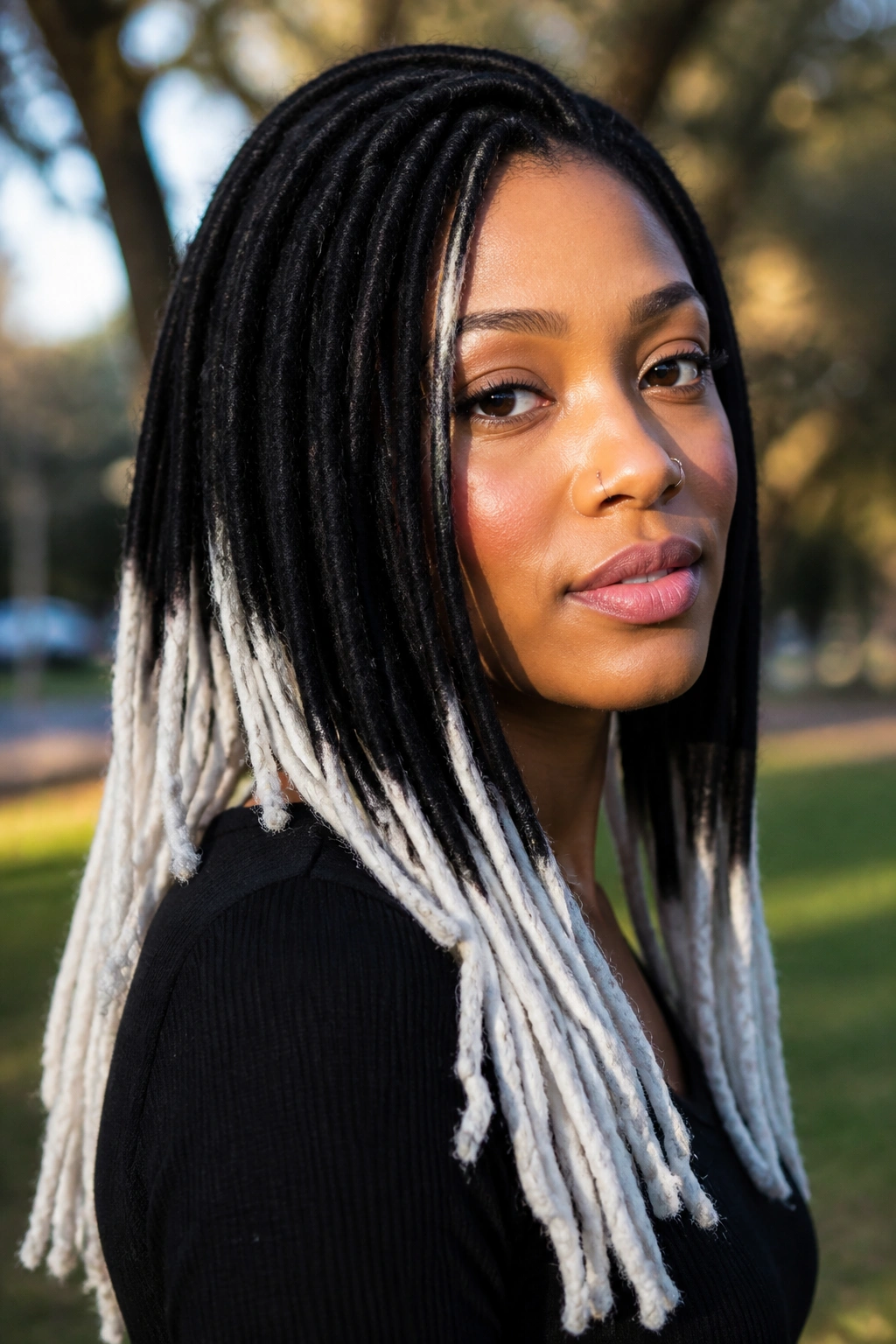 Portrait of a real person with long locs ending in icy white tips.