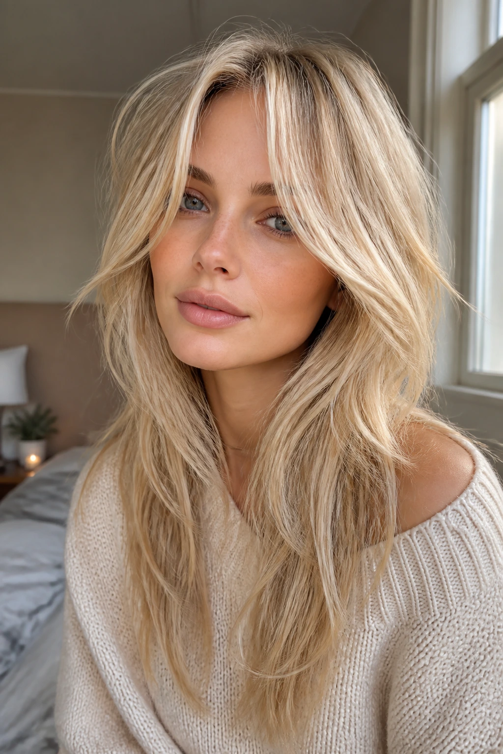 Close-up of a real woman with long airy blonde shag and invisible layers
