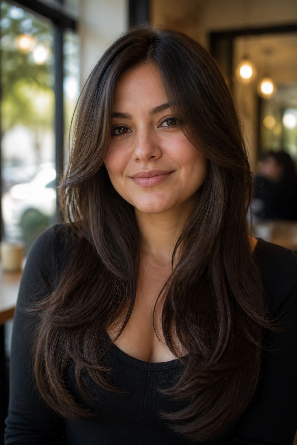 Close-up of a real woman with long, airy layers below the cheekbones elongating a round face