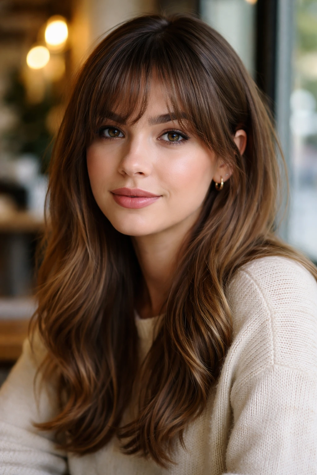 Portrait of a real woman with long arched bangs in soft cafe light