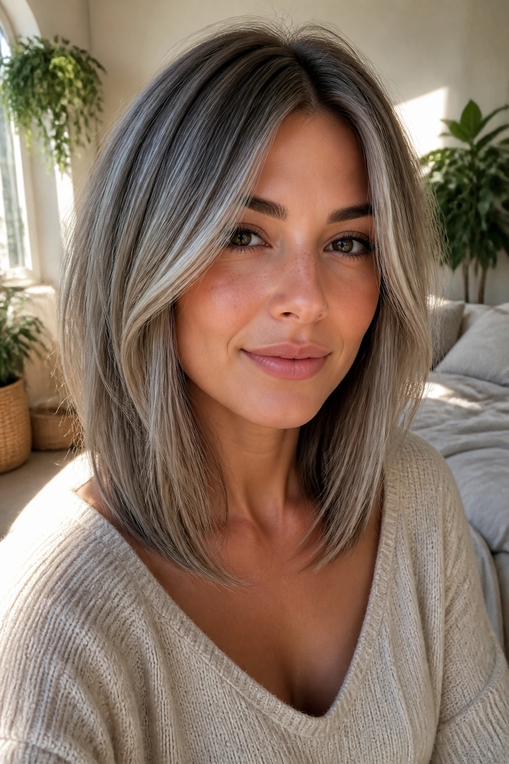 Real woman with long ash bob and soft face-framing pieces near the cheeks in a sunlit bedroom.
