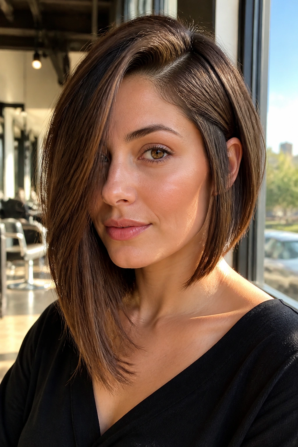 Portrait of a real woman with a deep side part on a long asymmetrical bob in window light