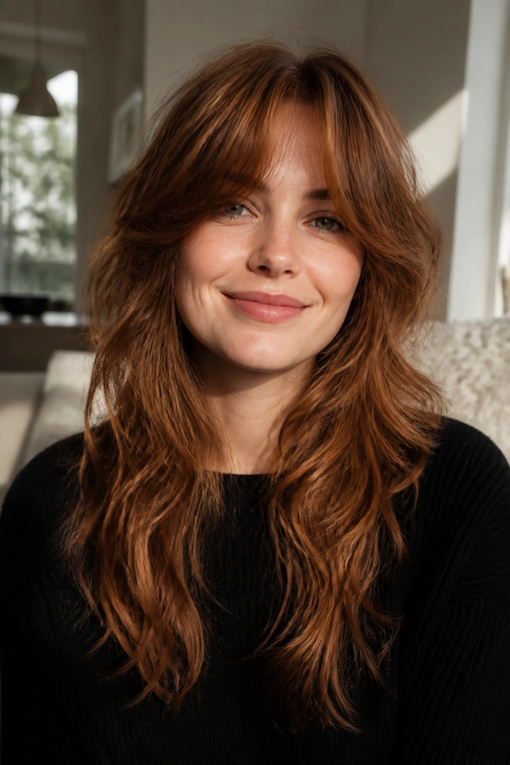 Close-up real woman with long auburn shag and airy ends