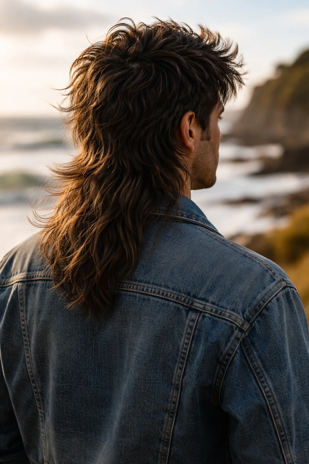 Back view of a man with a long-back wolf cut
