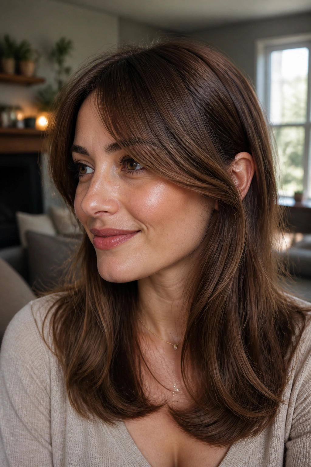 Close-up of brunette woman with long sweeping bangs tucked behind the ear