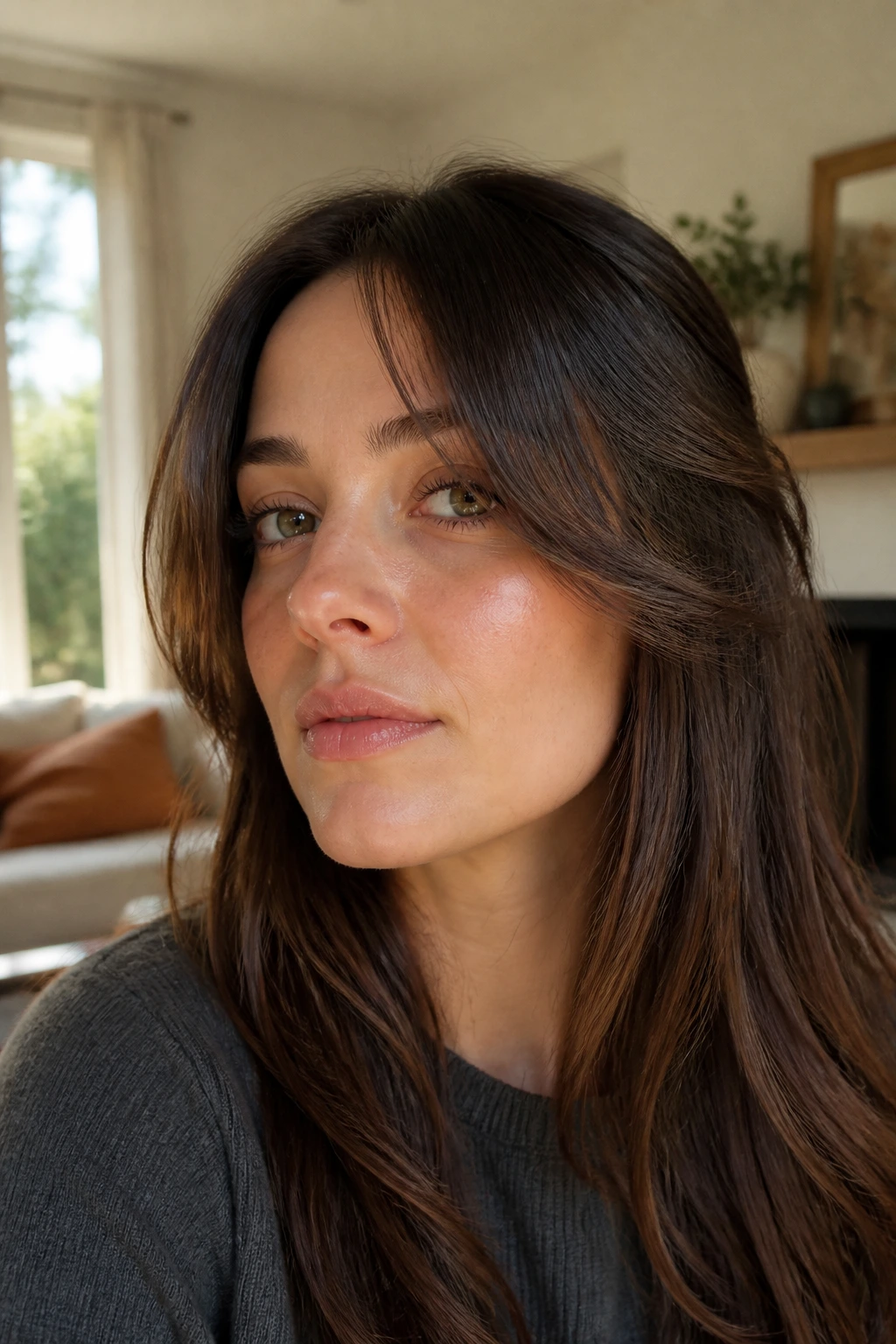 Close-up of a real woman with long grown-out bangs and a soft flip in warm window light